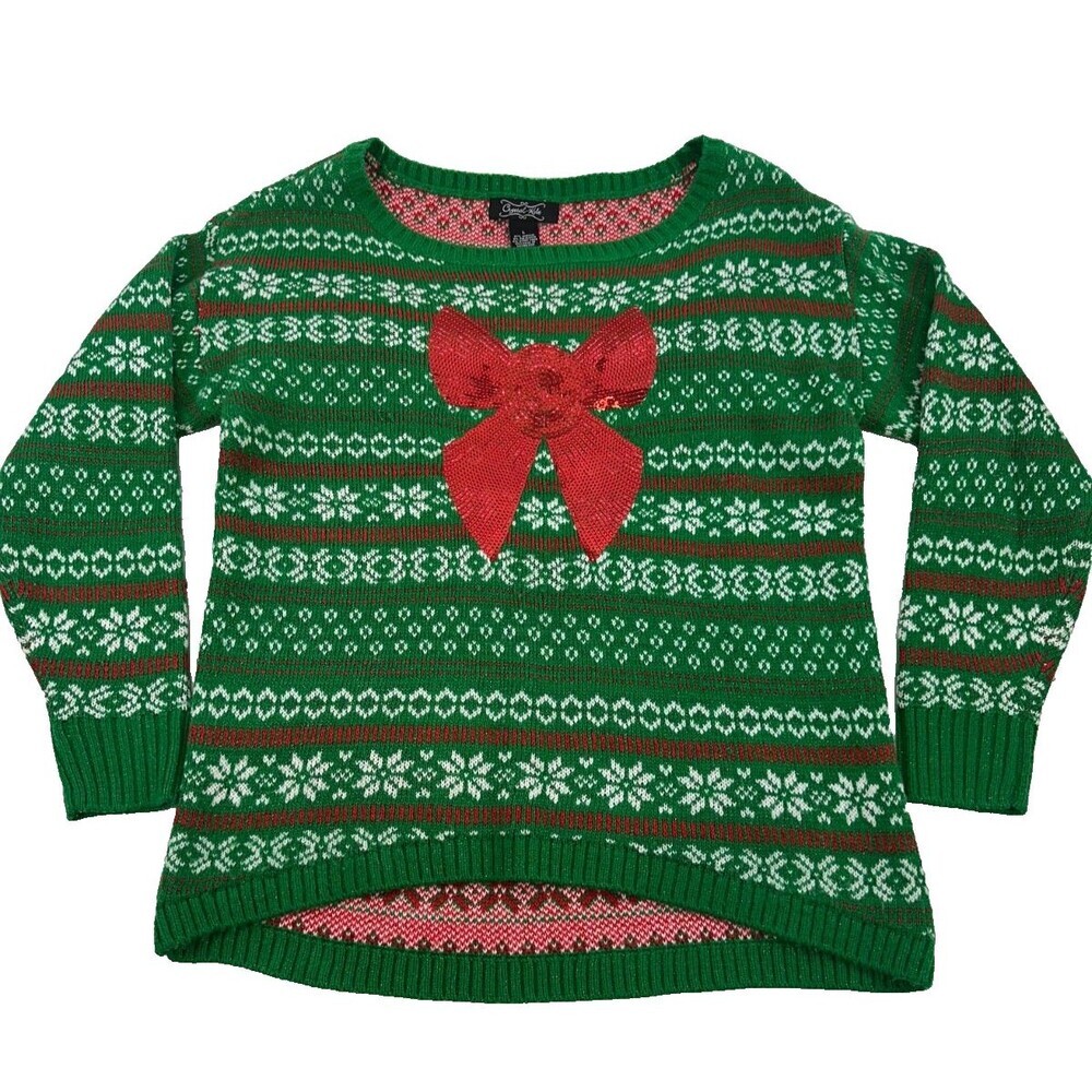 Crystal Kobe Christmas Sweater Green Fair Isle Red Sequin Bow‎ Pullover Womens L